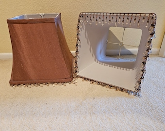 Vintage Beaded Brown Silk Lampshades, Square Pair, Home Decor