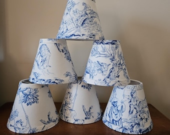 6 blue and white French toile mini clip on shades, mini shades, clip on shades, chandelier shades, replacement shades, home decor
