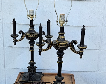 Vintage Black & Gold Candelabra Table Lamps: Victorian Style Pair
