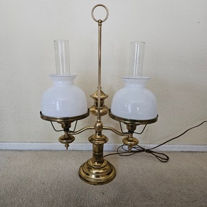 Vintage hurricane brass lamp, 2 arm student desk lamp, solid brass hurricane lamp with milk glass shades, vintage lights,