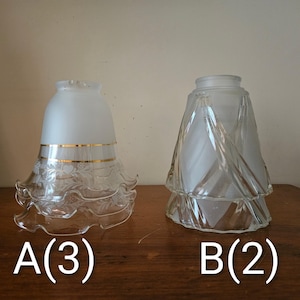 May include: Two glass lamp shades on a wooden surface. Shade A is clear with a frosted top, gold trim, and a ruffled edge. Shade B is clear with a frosted center and a geometric design. The text "A(3)" and "B(2)" are visible.