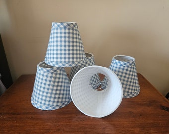 5 blue and white checkered mini clip on shades, mini shades, clip on shades, chandelier shades, replacement shades, home decor
