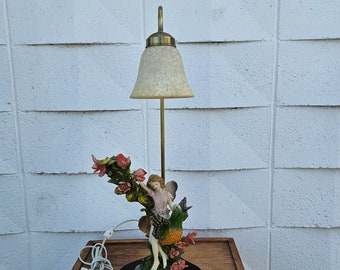 Vintage Fairy Figurine Lamp with Marbleized Glass Shade