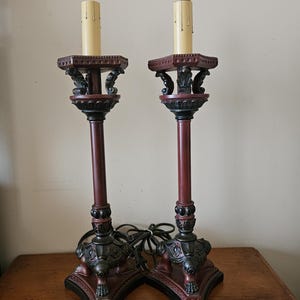2 vintage red candlestick lamps, fancy red and bronze table lamps, tall vintage lamps, home decor, pretty lamps