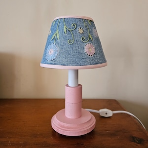 Mini lamp, small pink wooden lamp with clip on denim shade, handmade lamp and shade, home decor, pink lamp, gift for her,accent lamp, girls