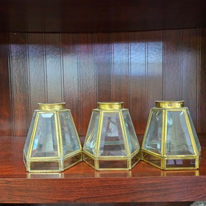 3 vintage clear and amber beveled glass shades, fan glass, vintage lamp supply, home decor, replacement glass shades