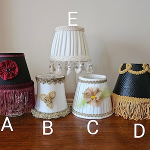 One-of-a-kind fancy clip on shades, handmade vintage shades, fringed lampshades, chandelier shades, home decor, victorian lampshades, gifts