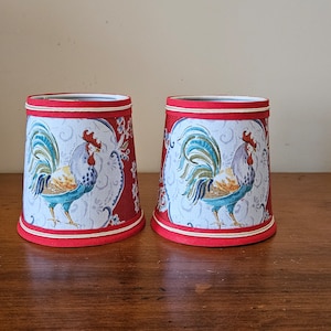 2 red clip on shades, rooster chandelier shades, handmade lampshades, home decor, country style, bird lampshade, chickens and roosters