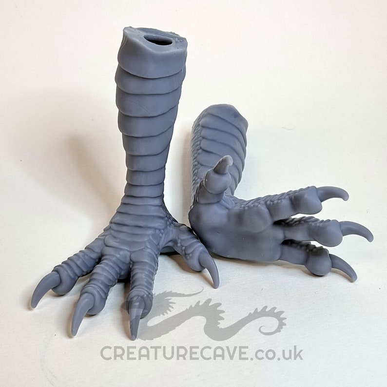 May include: Two gray, detailed, 3D printed dragon feet with claws. The feet are posed as if walking. The feet are made of a smooth, plastic-like material.