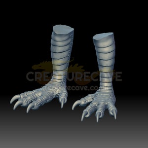 May include: A pair of gray, detailed, 3D printed dinosaur feet with claws.