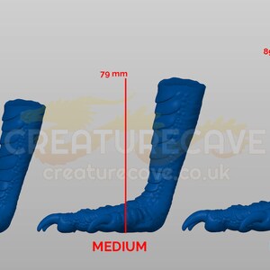 May include: Three blue dinosaur claws in different sizes: small, medium, and large. The claws are 69 mm, 79 mm, and 89 mm long, respectively.