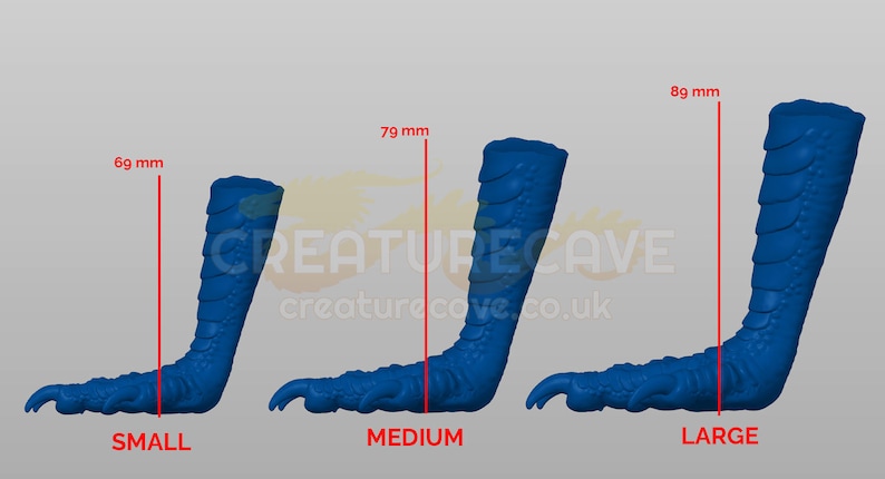 May include: Three blue dinosaur claws in different sizes: small, medium, and large. The claws are 69 mm, 79 mm, and 89 mm long, respectively.