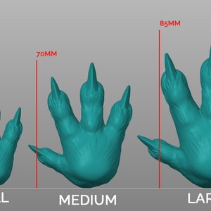 May include: Three different sizes of a teal-colored, 3D printed, furry, five-toed paw print. The paw prints are labeled "SMALL" with a measurement of 55mm, "MEDIUM" with a measurement of 70mm, and "LARGE" with a measurement of 85mm.