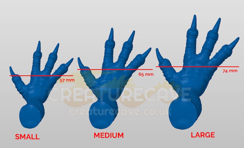 May include: Three blue plastic dinosaur claws in different sizes: small (57 mm), medium (65 mm), and large (74 mm).