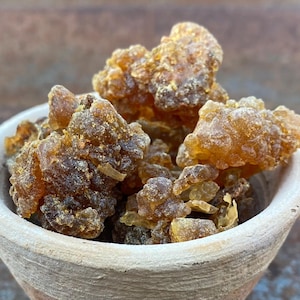 Könnte beinhalten: Nahaufnahme einer kleinen, hellfarbigen Schale, gefüllt mit bernsteinfarbenen Harzbrocken. Das Harz hat ein kristallines Aussehen und verschiedene Gold- und Brauntöne. Die Schale besteht aus einem hellfarbigen Material mit rauer Textur.