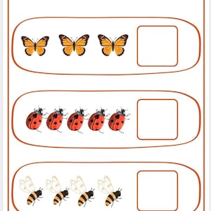 Peut inclure: Une fiche pédagogique avec le texte Compte et écris le chiffre en haut. Elle présente trois lignes, chacune contenant un groupe d'insectes : trois papillons orange, cinq coccinelles rouges et quatre abeilles jaunes et noires, avec des cases vides.