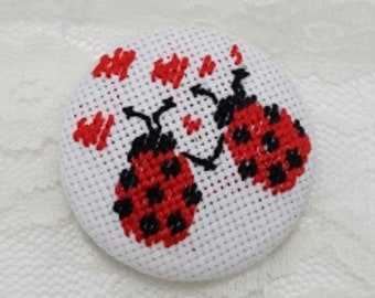 Ladybug LoveBug Brooch, Pin Buttons, Cross Stitch Embroidery Covered Buttons Pins Brooch Pins Jewelry Gifts for Women Ladybug Gifts Bug Pins