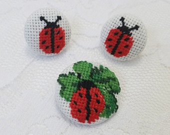 Ladybug Brooch and Earring Set, Stud Post Earrings, Pin Buttons, Cross Stitch Embroidery Covered Earrings, Pins, Brooch Pins, Jewelry Gifts