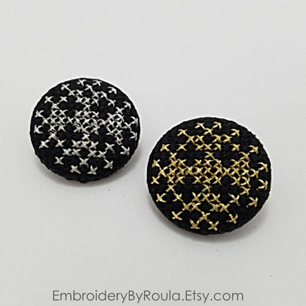 Fabric Buttons, Hand Embroidered Metallic Gold Silver Black 1" Buttons, Cross Stitch Embroidery Covered Buttons, Sewing Shank Buttons, 2 Pcs