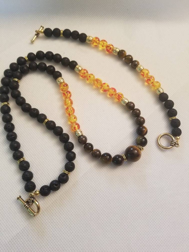 . Men/'s lava stone with amber beads /& tiger eye size or stone 25 long 39.99 for set can be customized Free SH size 7 or 8 for bracelet