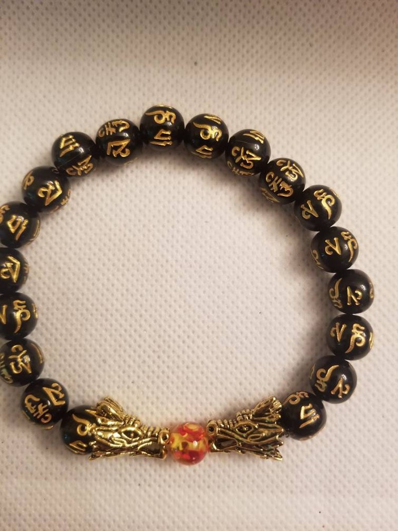 Mens or Ladies Lucky Feng Shui Bracelet With Dragon Heads and Gold