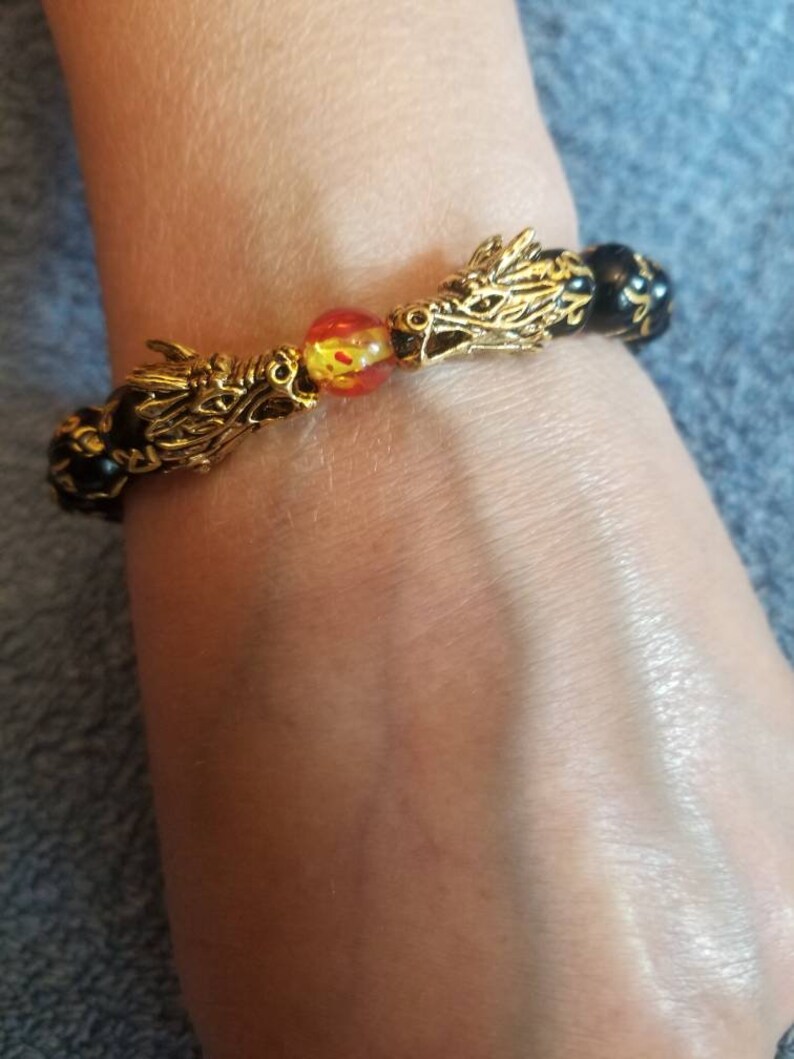Mens or Ladies Lucky Feng Shui Bracelet With Dragon Heads and Gold