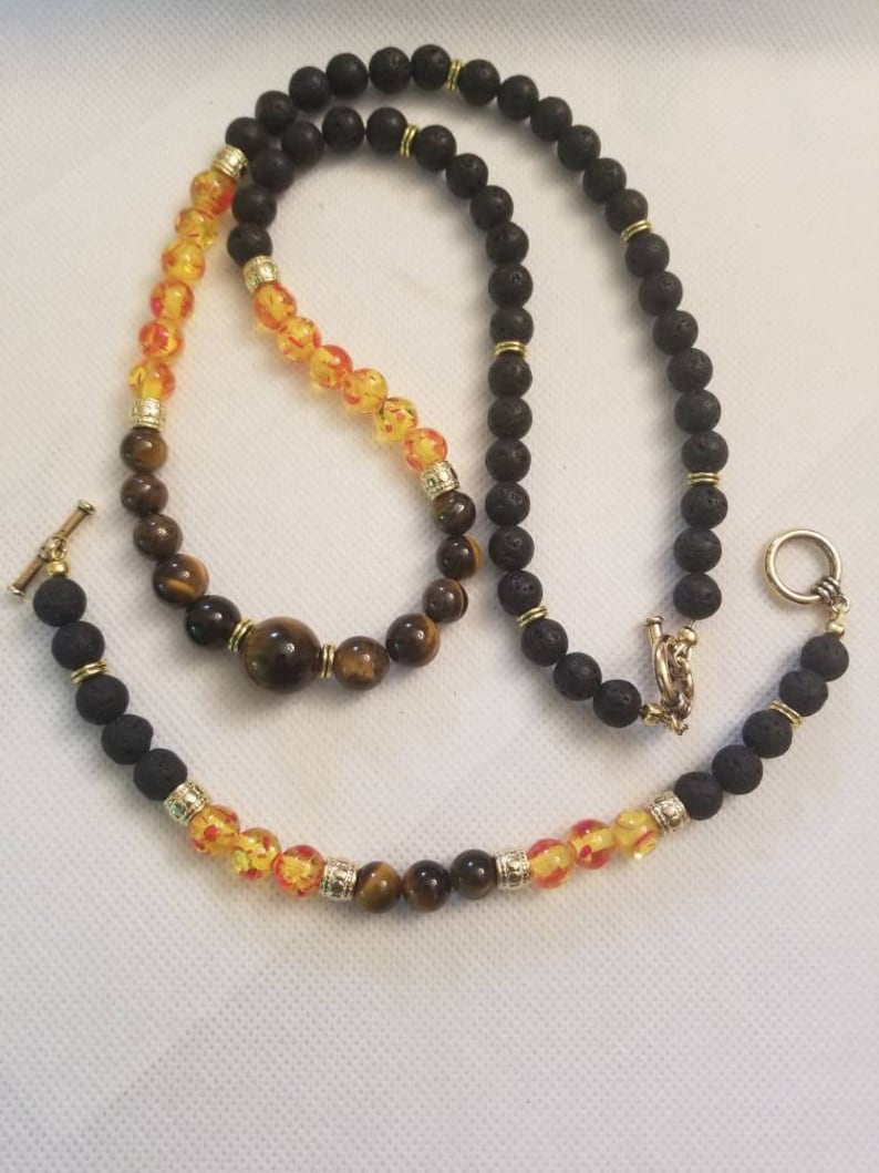. Men/'s lava stone with amber beads /& tiger eye size or stone 25 long 39.99 for set can be customized Free SH size 7 or 8 for bracelet
