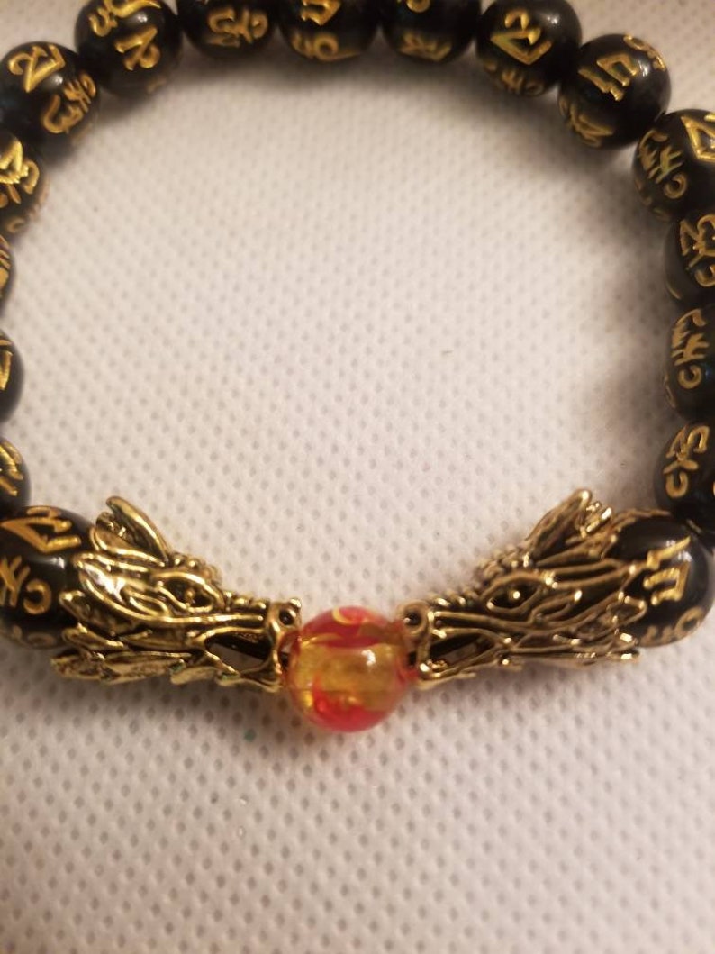 Mens or Ladies Lucky Feng Shui Bracelet With Dragon Heads and Gold