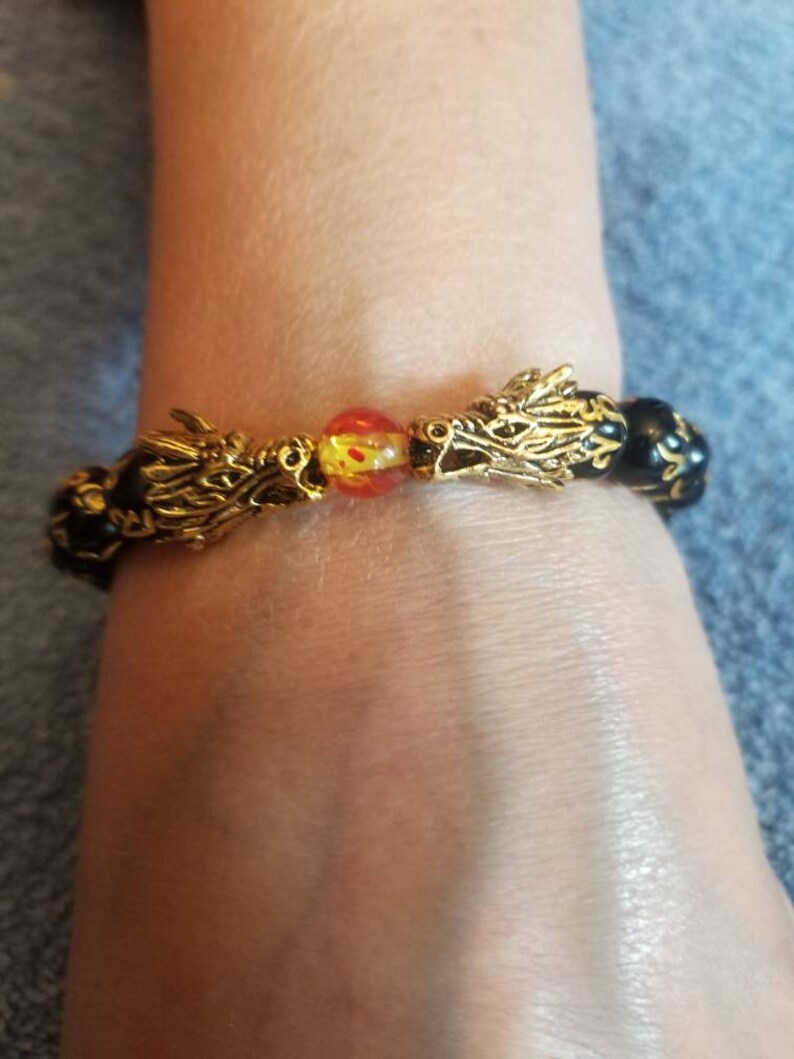 Mens or Ladies Lucky Feng Shui Bracelet With Dragon Heads and Gold