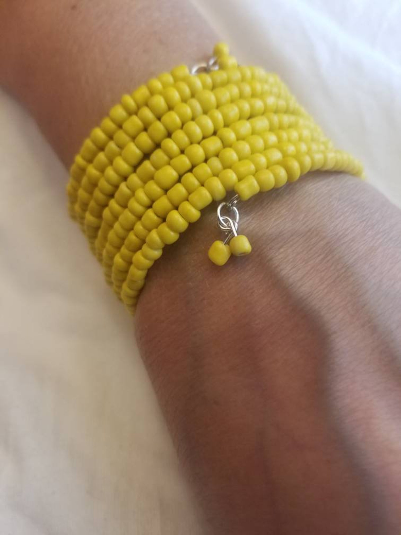 Yellow Beaded Cuff Bracelet With 4 Dangles. 19.99 Free Etsy