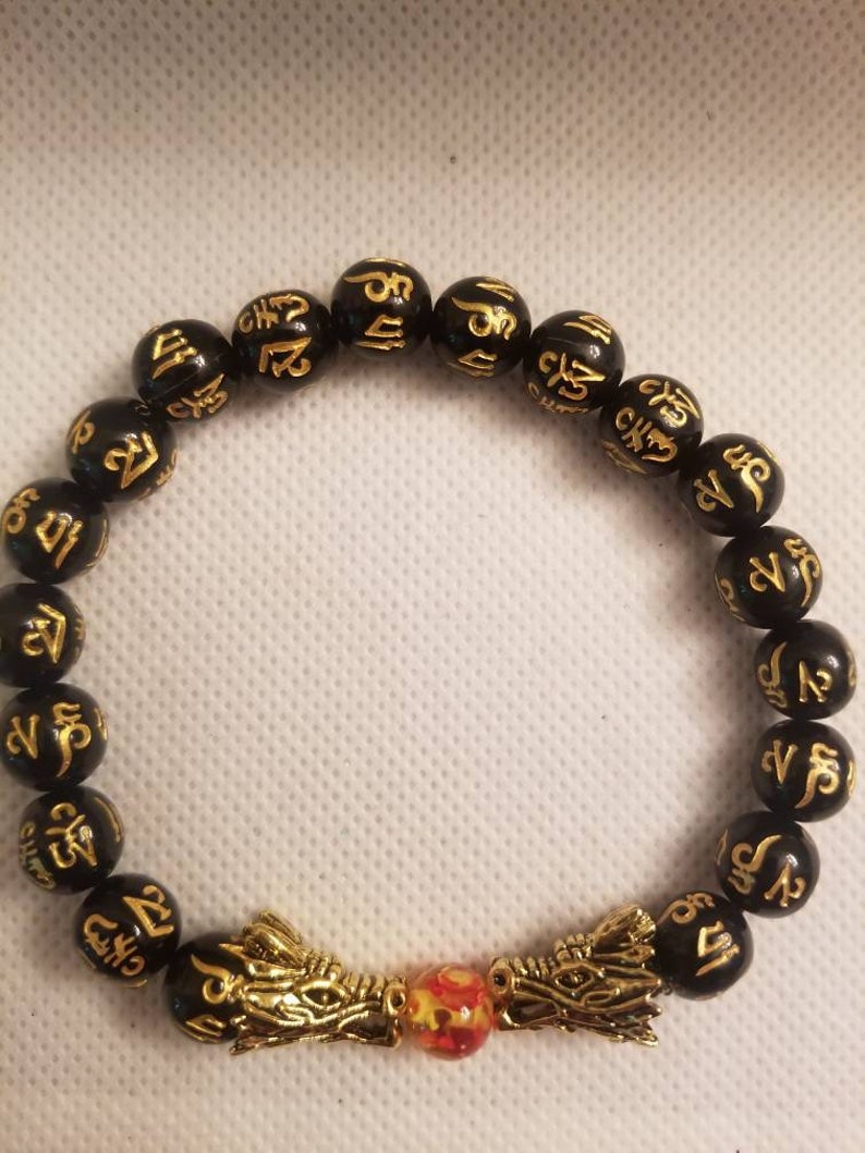 Mens or Ladies Lucky Feng Shui Bracelet With Dragon Heads and Gold