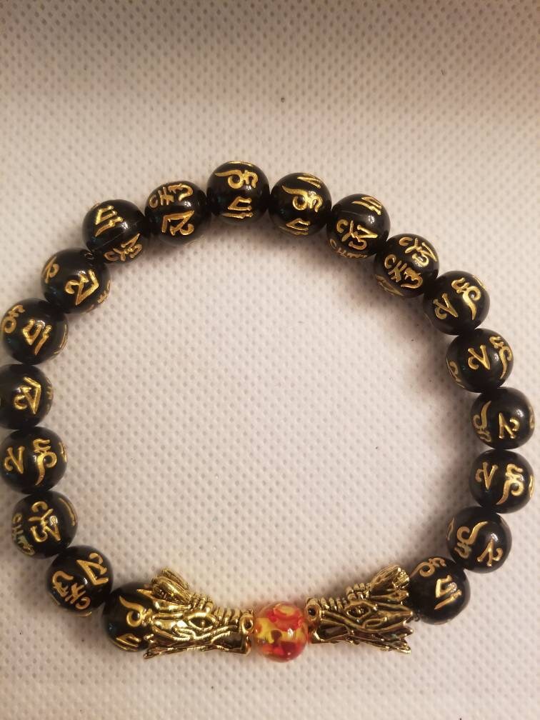 Mens or Ladies Lucky Feng Shui Bracelet With Dragon Heads and Gold ...