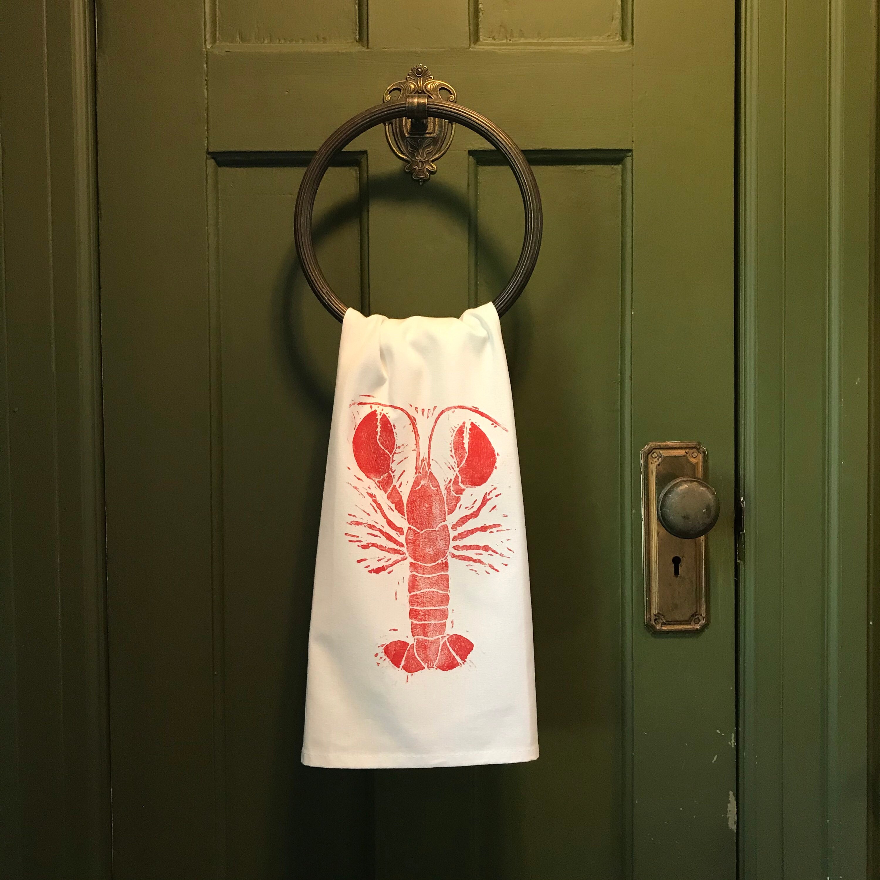 Lobster Tea Towel, Kitchen Towel, Dish Towel, Hand Printed, Hand Made