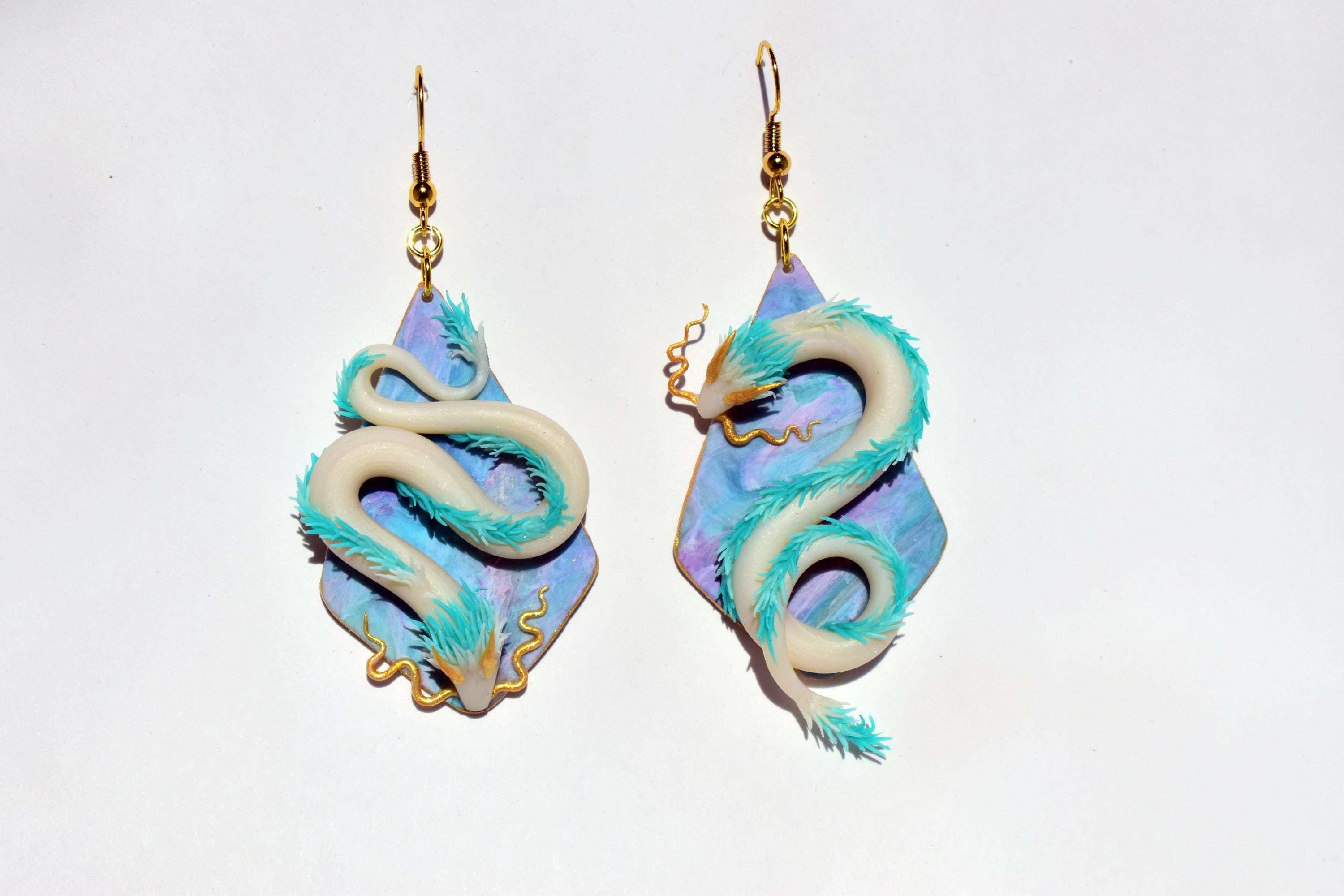 White Serpent Dragon Earrings – Fantasy Anime-Inspired Jewelry, River Spirit Creature Dangles, Handmade Polymer Clay Earrings