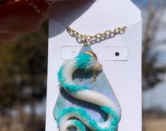 White Serpent Dragon Necklace – Fantasy Anime-Inspired Jewelry, Mystical Spirit Dragon Pendant, Handmade anime dragon for  Fans