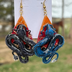 Mated Dragon Earrings – Black Morningstar & Navy Daggertail Dragons – Fantasy Polymer Clay Statement Earrings for Dragon Lovers