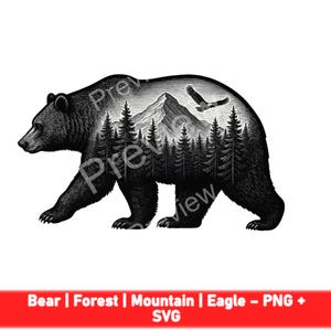 Black Bear Forest PNG SVG | Laser Engraving Nature Scene | Wildlife Silhouette Clipart | Mountain Eagle Woodland Art | CNC Laser Cut File