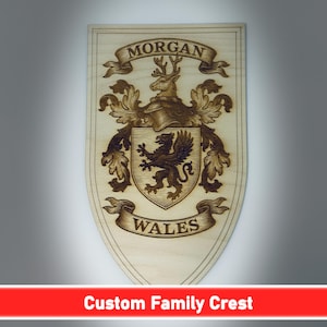 Custom Family Crest Shield Sign – Personalized Coat of Arms Wall Plaque – Heraldic Wood Engraving, Laser Cut Last Name Crest, Medieval Style