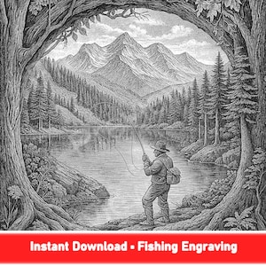 Descarga digital de grabado de pescador con mosca / arte de pesca con mosca, grabado de pesca png, archivo láser de paisaje de lago, archivos xtool / Glowforge / Omtech
