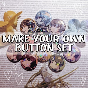 May include: A collection of colourful, round buttons featuring various cartoon characters. The buttons are arranged in a circle on a book with a floral design. The text "MAKE YOUR OWN BUTTON SET" is displayed in white letters on a black background.
