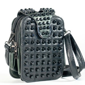 Studded Black Leather Shoulder Bag: 3-Pocket Design