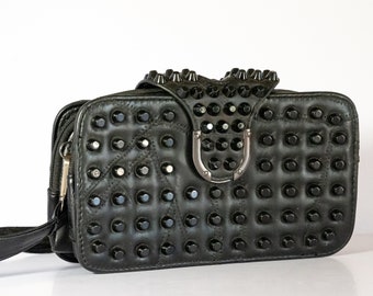 Black Leather Studded Shoulder Bag or Clutch with Three Pockets--Blemish