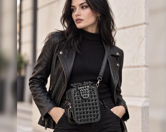 Gothic Black Leather Crossbody Bag, Studded Punk Shoulder Purse, Small Rocker Handbag, Alternative Fashion Gift for Her