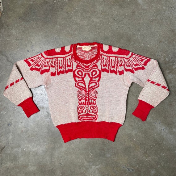 1940s JANTZEN 'Totem Pole' Pullover Sweater, sz Sm