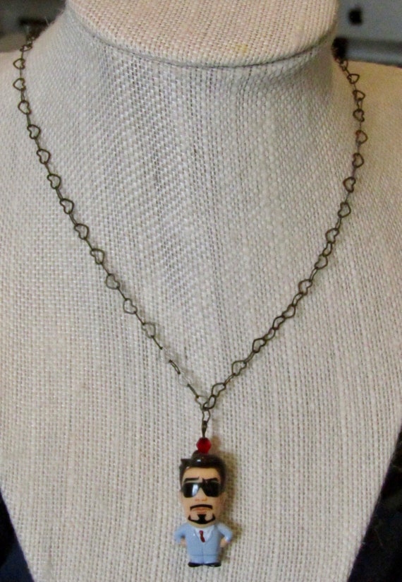Handmade Tony Stark Robert Downey Jr. Necklace With Faceted Glass Bead and Heart shaped Chain Links Etsy