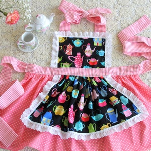 Girl Teapot Aprons, American Girl Doll Apron, Tea Party, Baking apron, Tea Party Apron