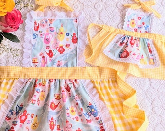 Pink and yellow Tea Party Apron, Mommy and Me apron, Matching Apron, Afternoon Tea Party, Doll apron