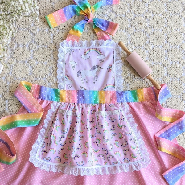 Girls Unicorn Apron, Rainbow apron, Pony, Unicorn, Pink Unicorn Apron, Rainbow, Unicorn party, Matching apron