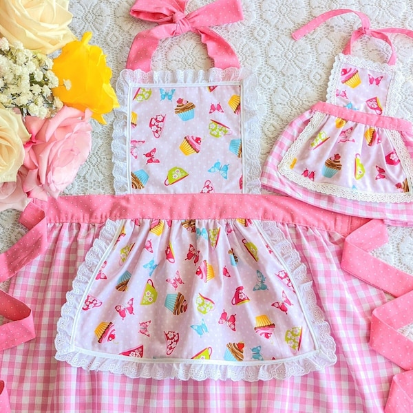 Pink Cupcake Apron, Matching Aprons, Baking Party, Tea Cup, Tea Party, Mommy and Me,Afternoon Tea Party