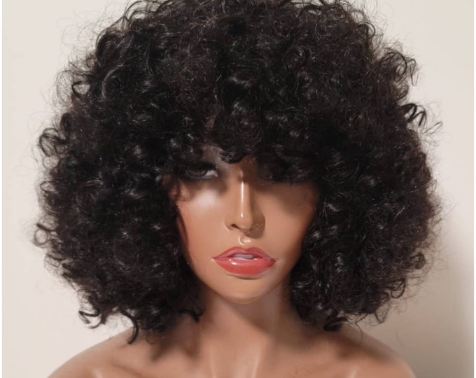Curly Human Hair Wig with Bangs made for Black Women Black Natural color. Remy Human Hair Wig Full Machine made Wig, Wig with no Lace 10inch